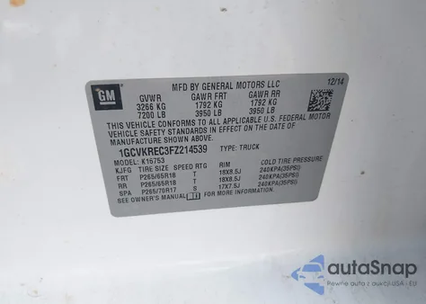 2015 Chevrolet Silverado 1500 1Lt z USA, uszkodzony, nr VIN 1GCVKREC3FZ214539